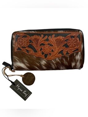 Myra Bag Taurus Tooled Leather Cow Hide Fur Zip Around Wallet RFID Blocking NEW